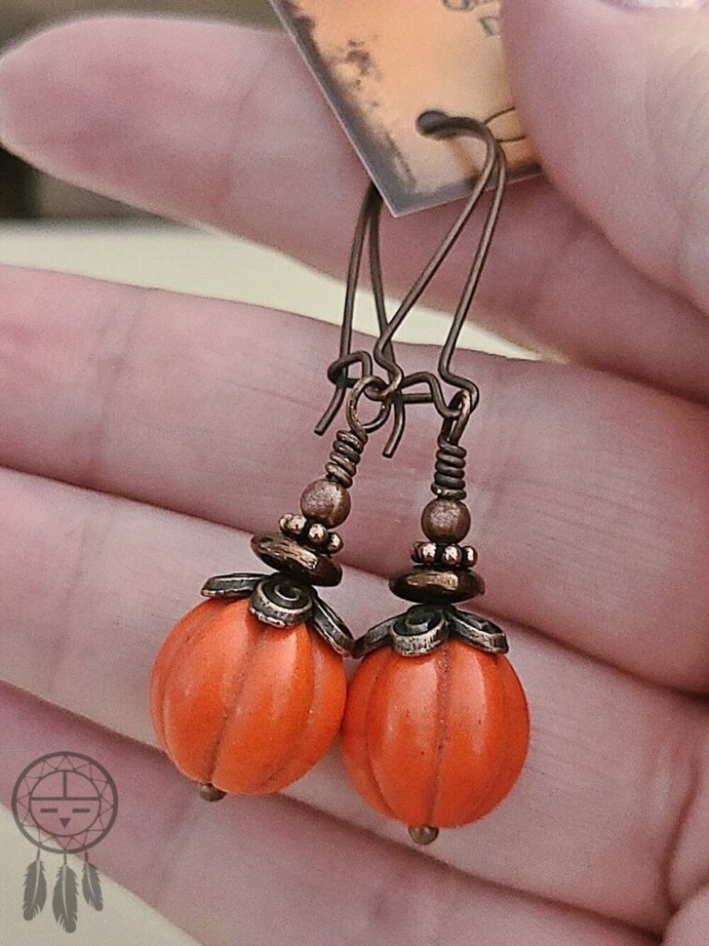 Rustic Pumpkin Earrings Copper Dangle Orange Gemstone Autumn Fall Boho Handmade - Picture 3 of 8